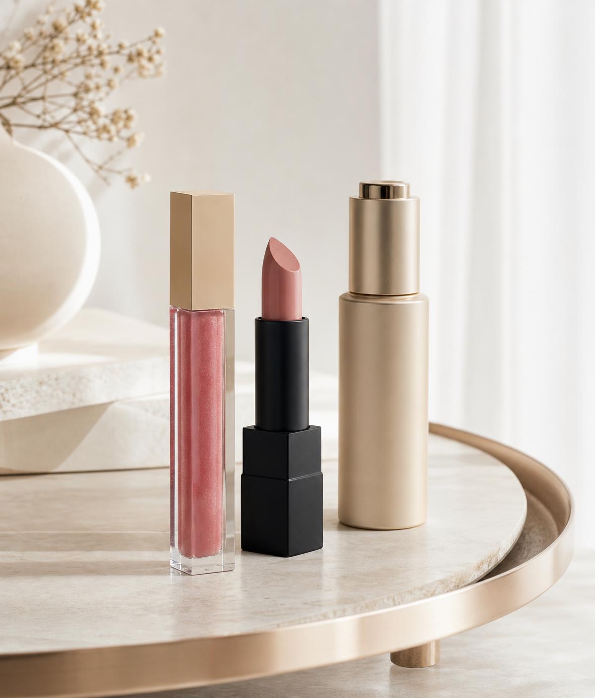 Curated beauty products displayed on an ivory quartz shelf at Glameria