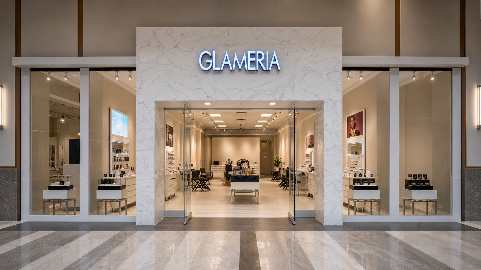 Glameria storefront at dusk